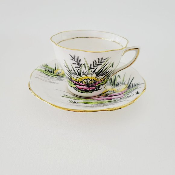 Rosina Water Lily Teacup & Saucer July Flower of the Month, Pink Black & Yellow - Picture 2 of 15